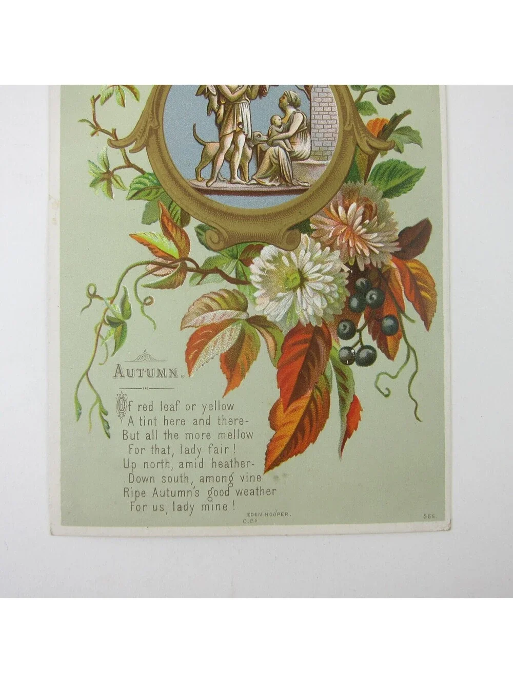 Victorian Greeting Card Autumn Fall Flowers Roman Man Woman Child Dog Antique